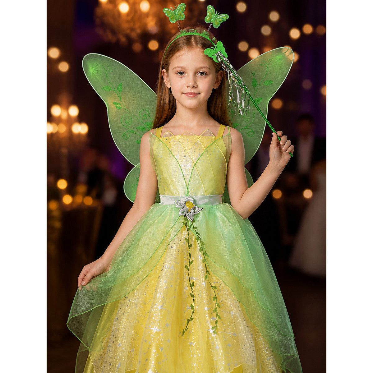 Girls' Fairy Princess Dress, Leaf Print Glitter Tulle Costume, Long Flowing