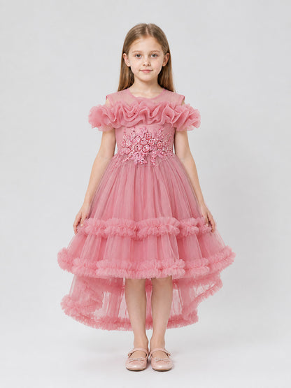 Children's Pink Dress with a Full Skirt and Ruffles on-model view