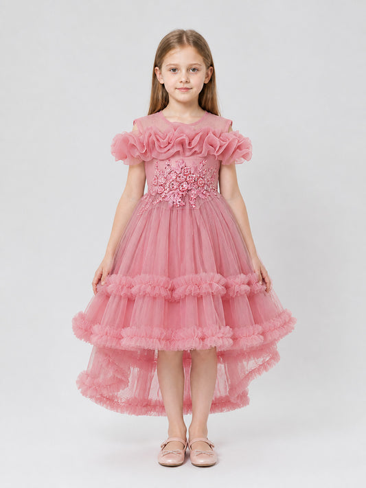 Children's Pink Dress with a Full Skirt and Ruffles on-model view
