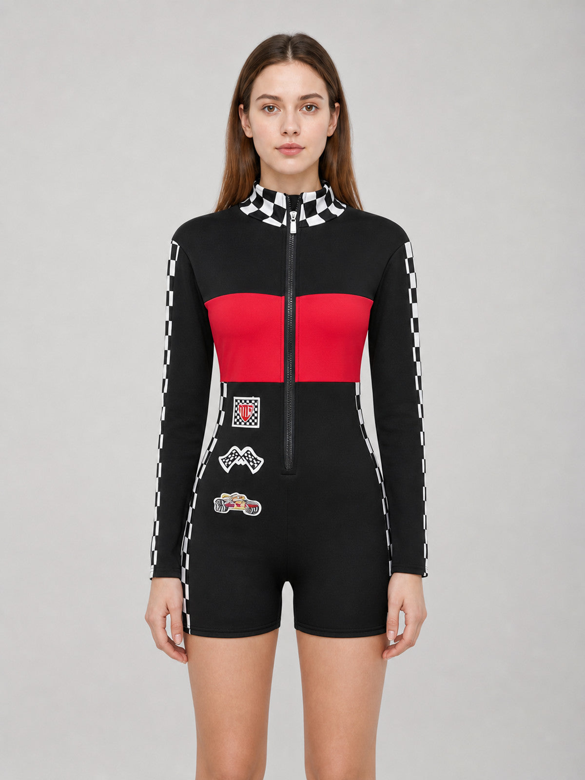 Long-Sleeve Plaid Romper on-model view
