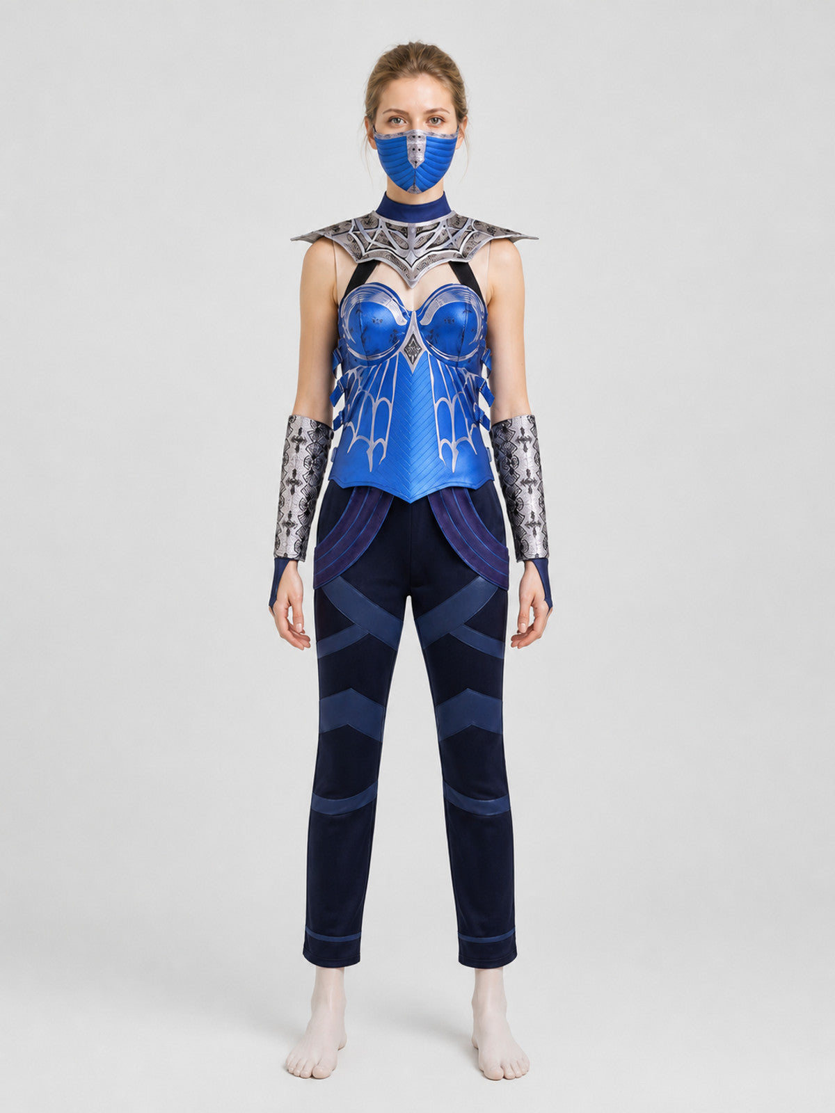 Kitana Cosplay Costume, Top, Pants, and Mask on-model view