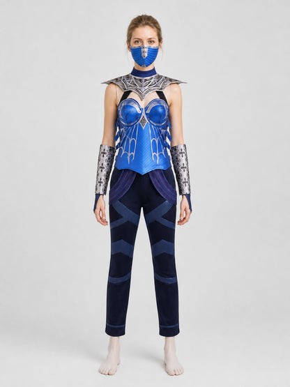 Kitana Cosplay Costume, Top, Pants, and Mask on-model view