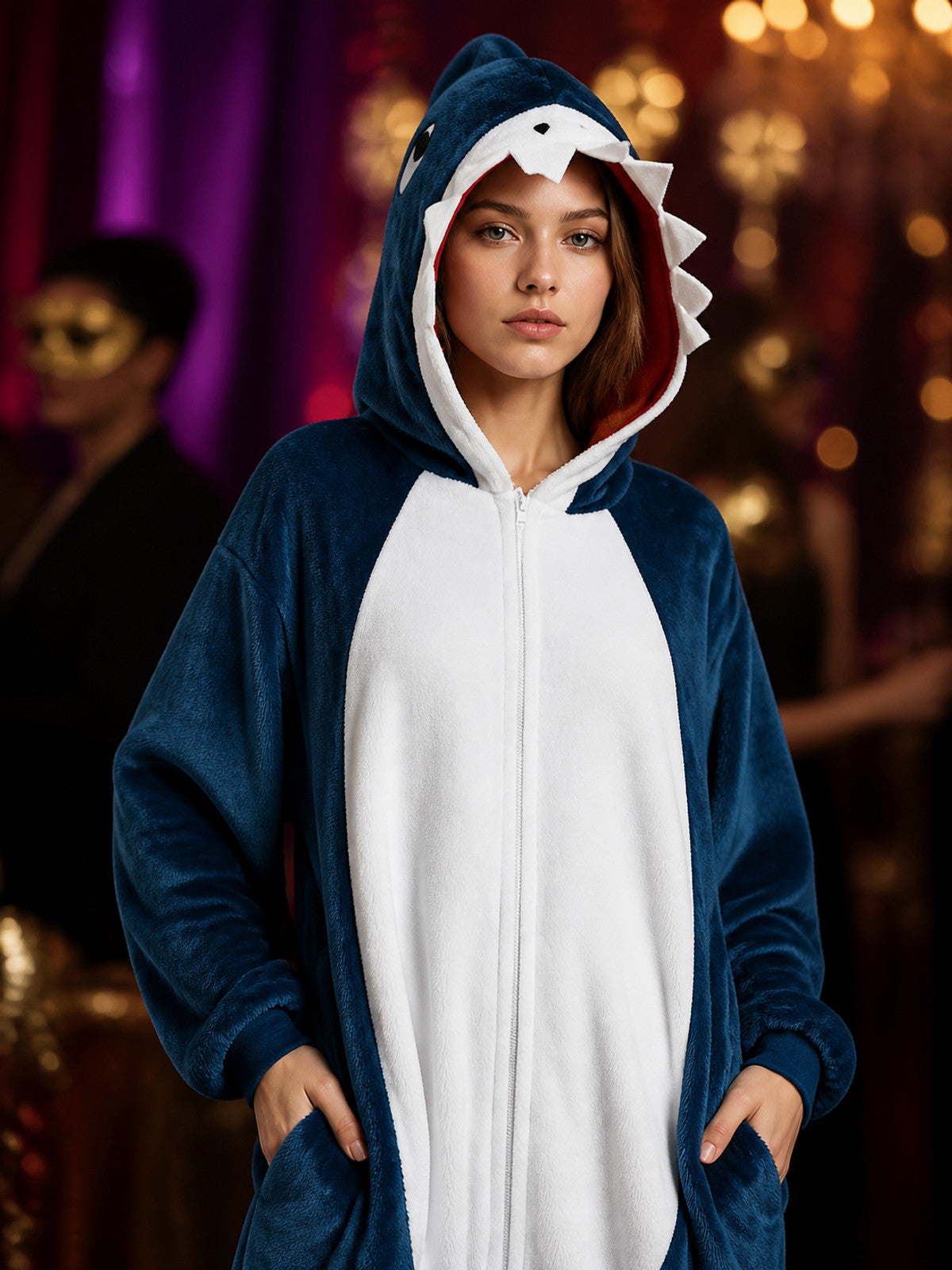 Navy Blue Shark Hooded Jumpsuit Costume, Long-Sleeve One-Piece Animal Outfit on-model view