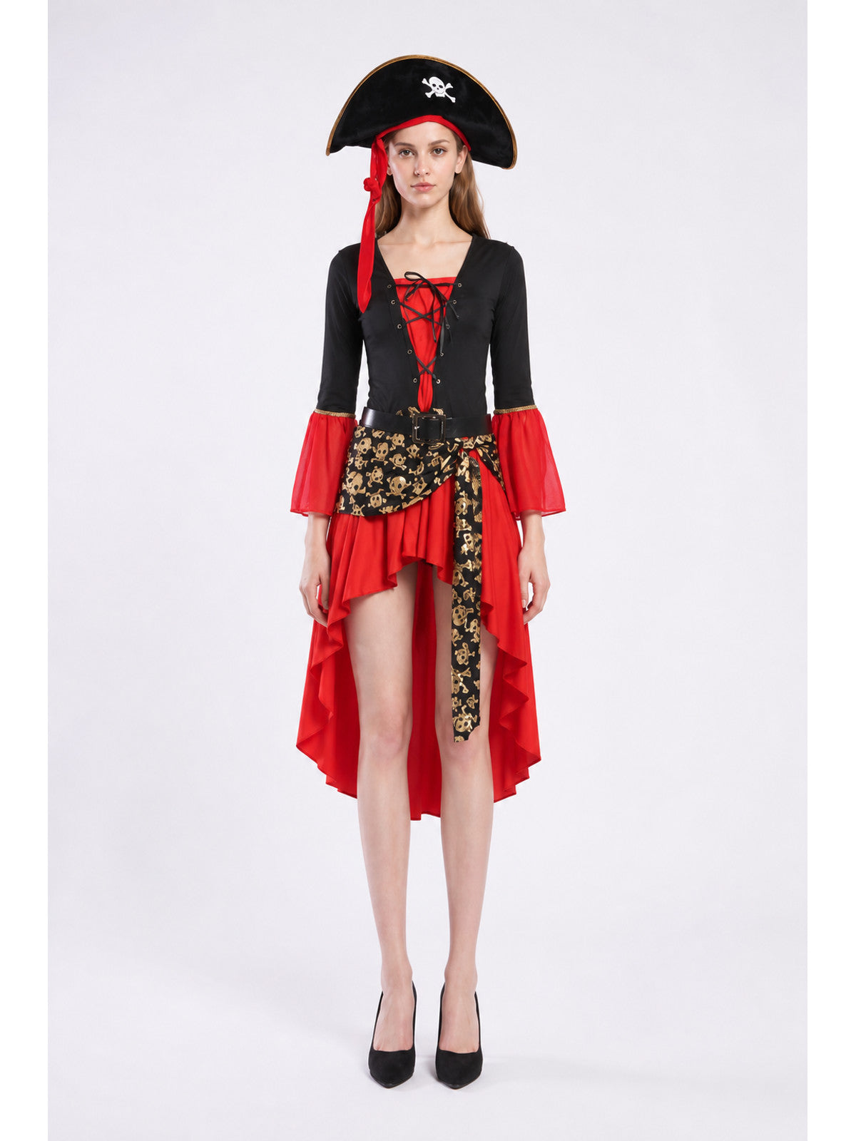 Pirate Costume with Dress, Hat, and Belt, Black and Red main product view