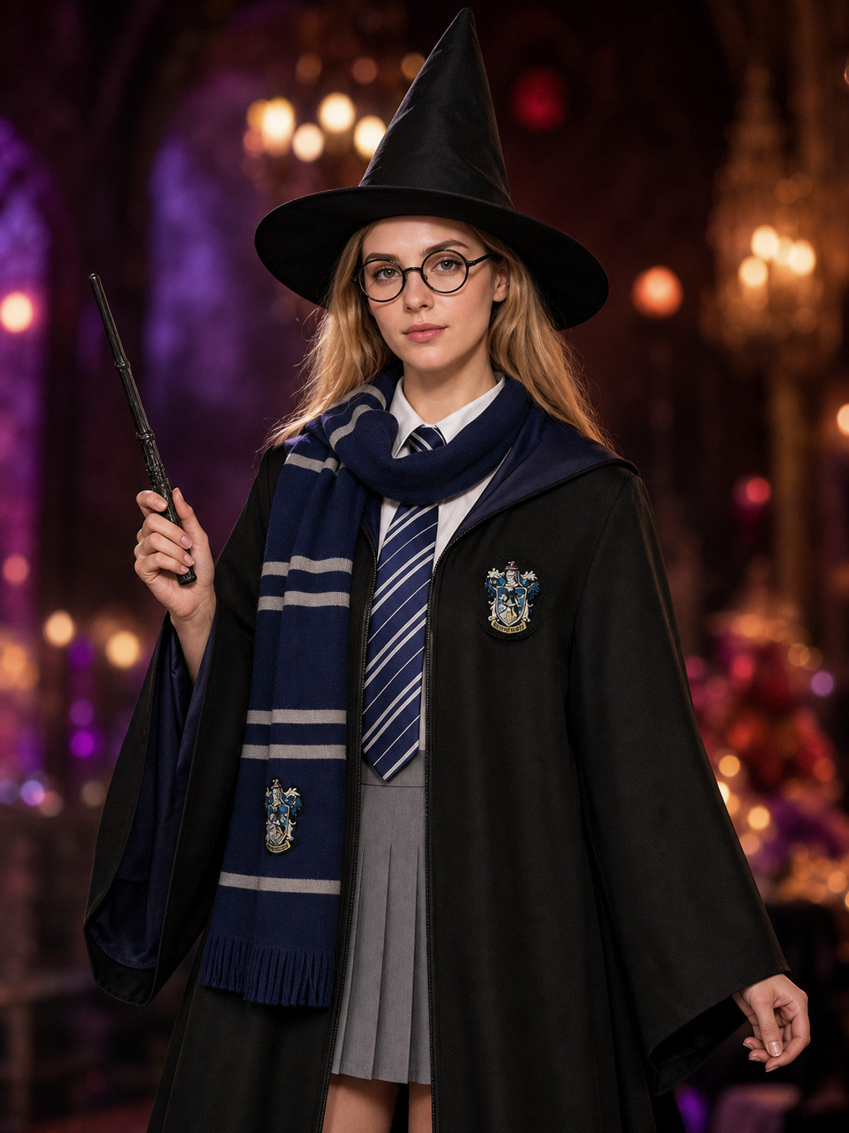 Women's Wizard Robe Costume Set, Academy-Style 8-Piece Cosplay Outfit With Hat on-model view