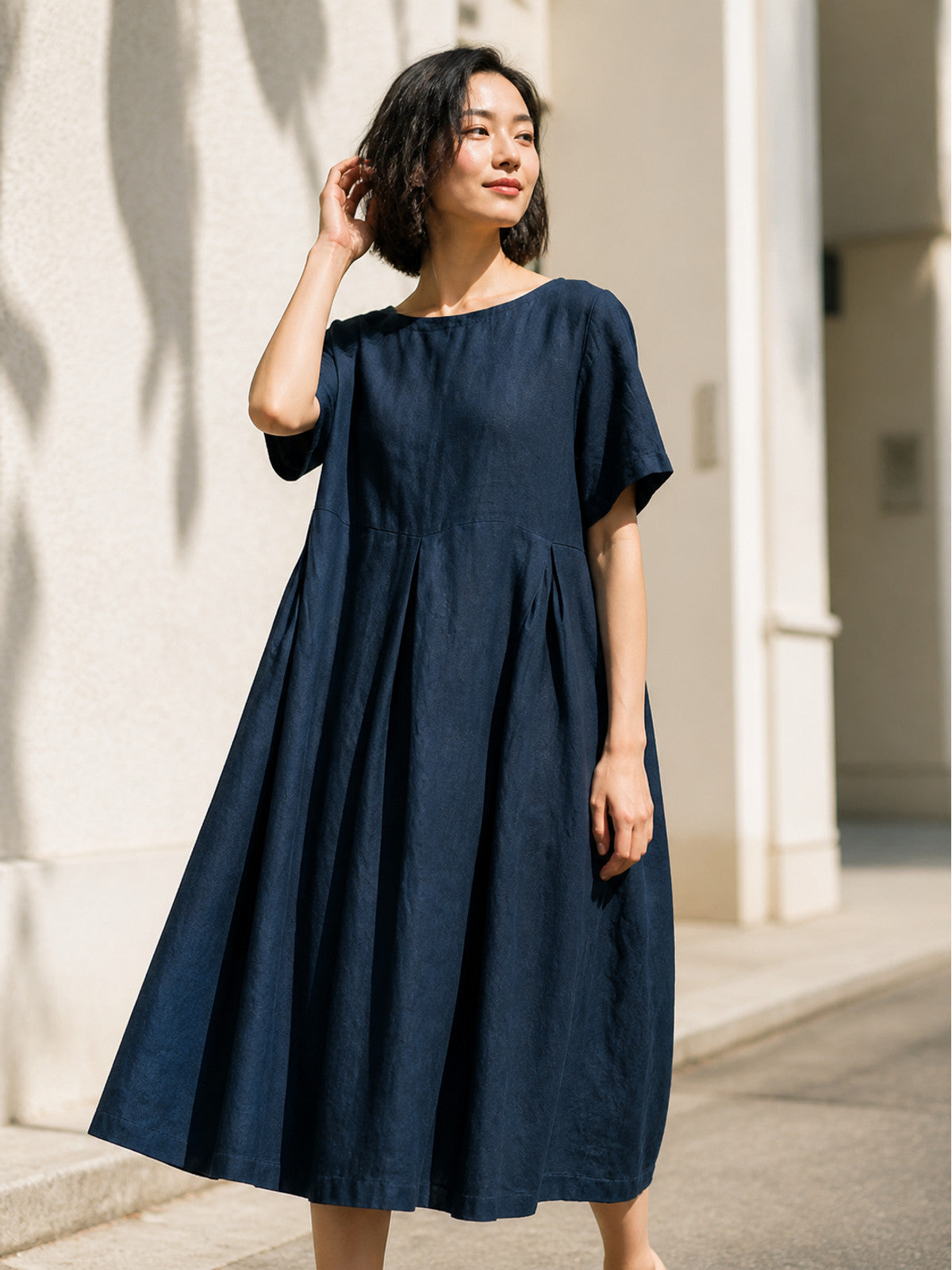 Women's dark navy A-line dress with pockets main product view