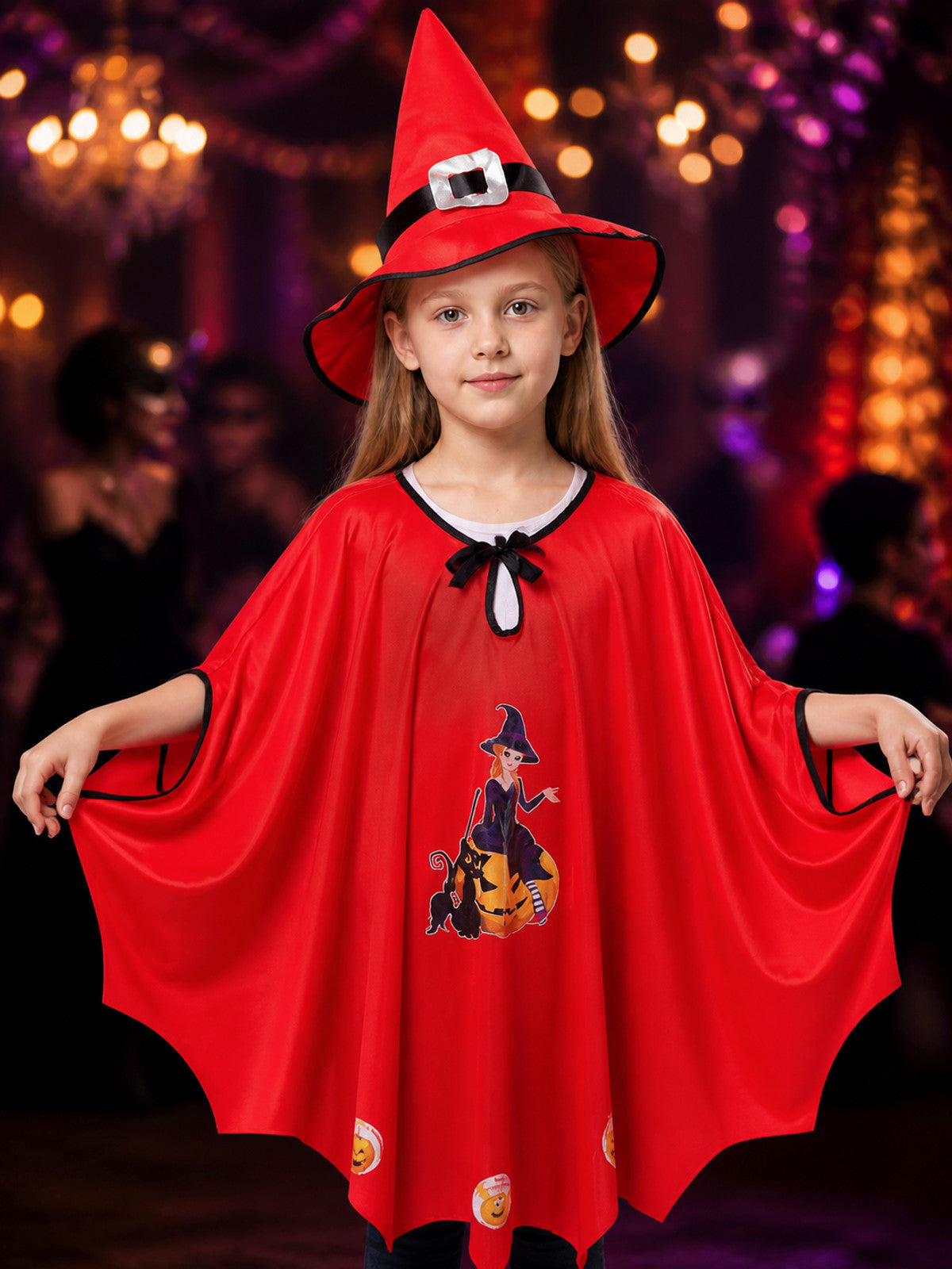 Kids' Wizard Costume Set, Red Witch Cloak with Black Cat Print and Pointed Hat on-model view