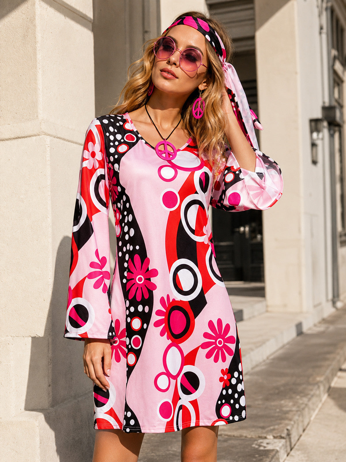Women's Long-Sleeve Dress with Lacing and Pattern main product view