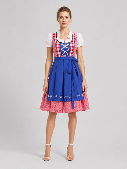 Red and White Plaid Dress with Blue Overlay on-model view