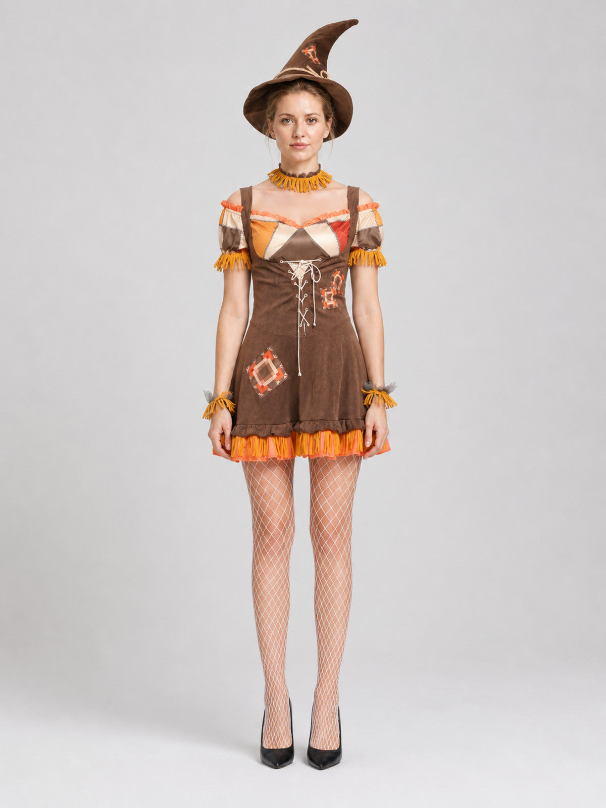 Halloween Witch Costume with Red Plaid and Fringe on-model view