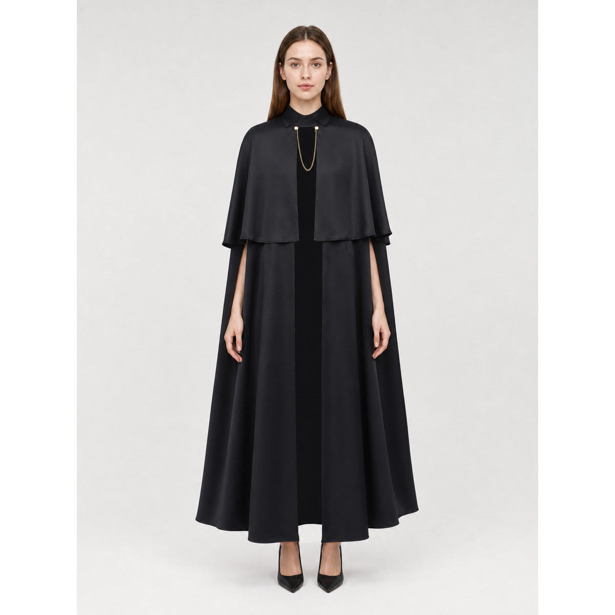 Black Cape with Stand Collar and Gold Chain on-model view