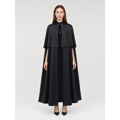 Black Cape with Stand Collar and Gold Chain on-model view