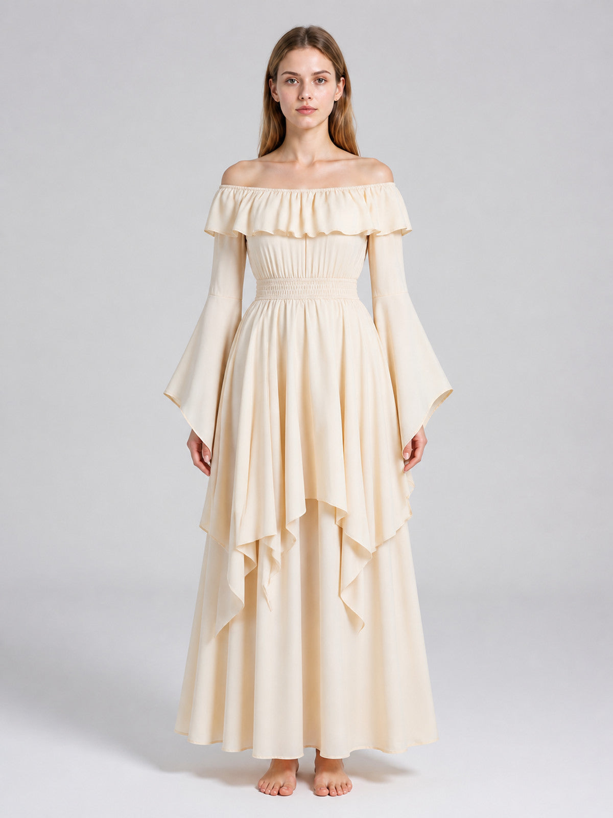 Long Cream A-Line Dress with Tiered Ruffles on-model view