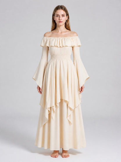 Long Cream A-Line Dress with Tiered Ruffles on-model view