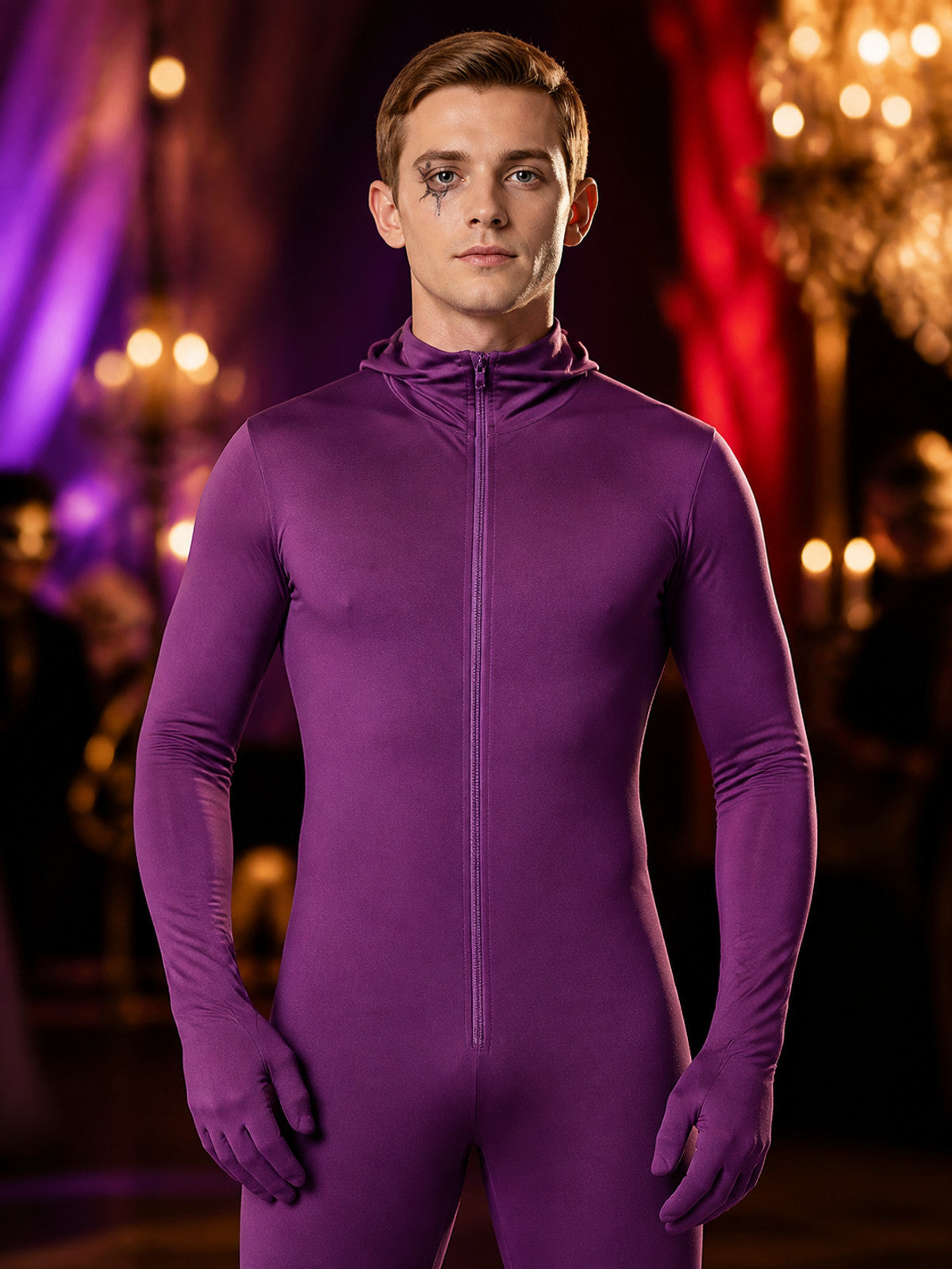 Purple Hooded Full-Body Jumpsuit Costume, Long-Sleeve Cosplay Outfit on-model view
