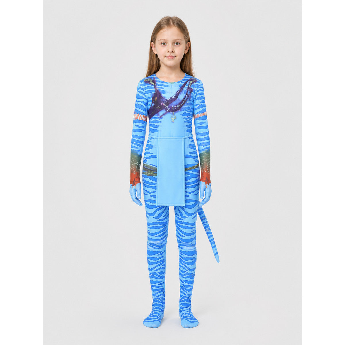 Avatar cosplay jumpsuit with a long tail on-model view