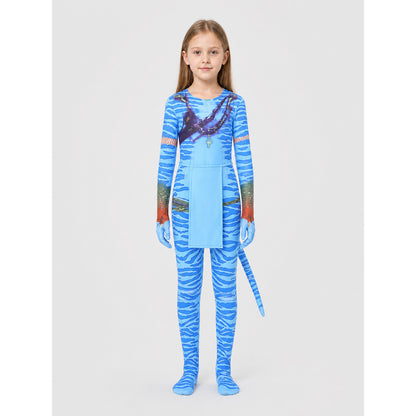 Avatar cosplay jumpsuit with a long tail on-model view