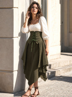 Women's Olive Green Renaissance Skirt – High-Waist Lace-Up Corset Skirt with High-Low Hem