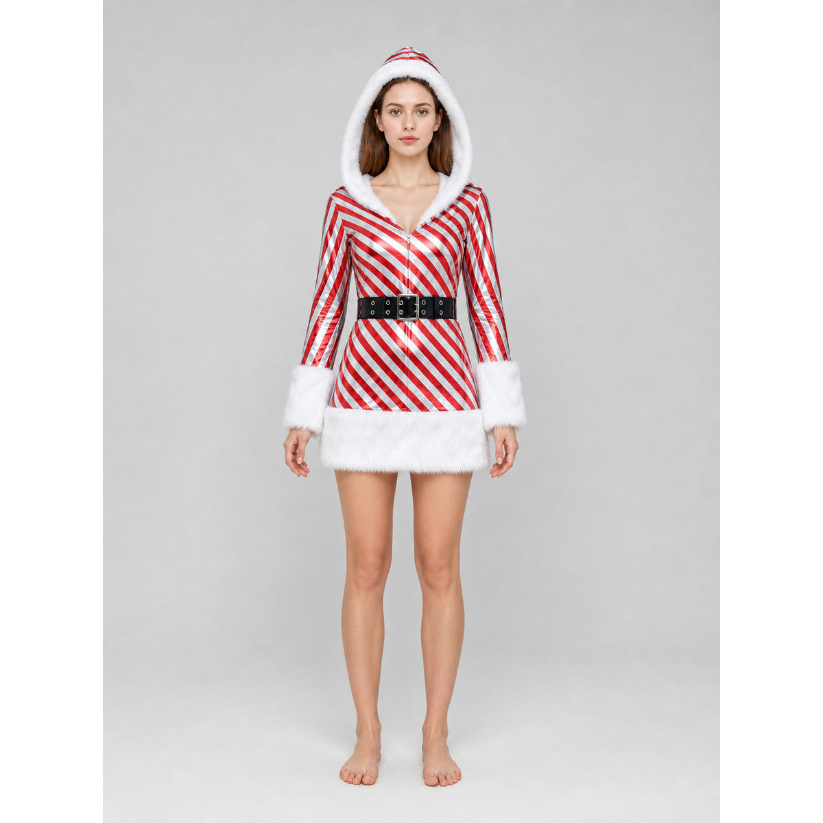 Holiday costume dress with a hood and belt front view