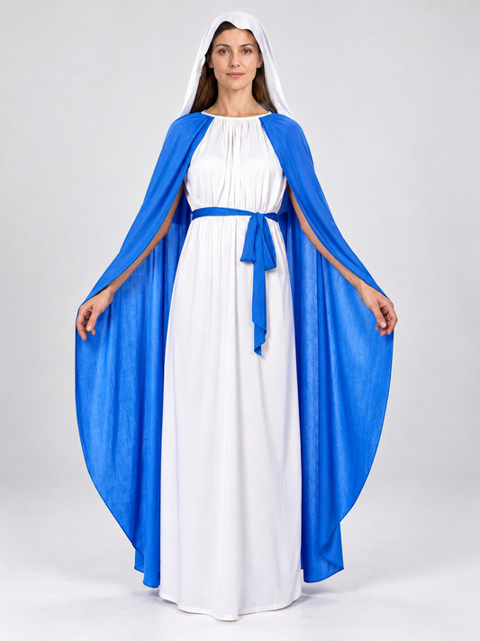 White and Blue Carnival Costume with Long Cape on-model view