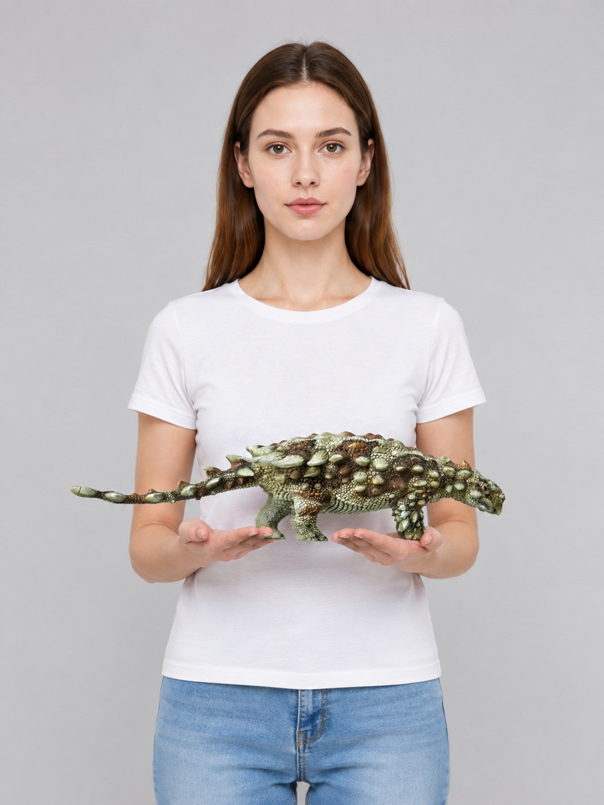 Armored Dinosaur Figurine with Plates and Spikes on-model view