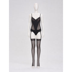 Black Lace and Mesh Bodysuit with Garters