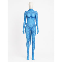 Women's Blue Alien Bodysuit Costume with Tail – Full-Body Striped Jumpsuit with Attached Gloves & Foot Covers