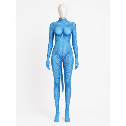 Blue alien bodysuit costume with tail on a mannequin, front view with attached gloves and foot covers