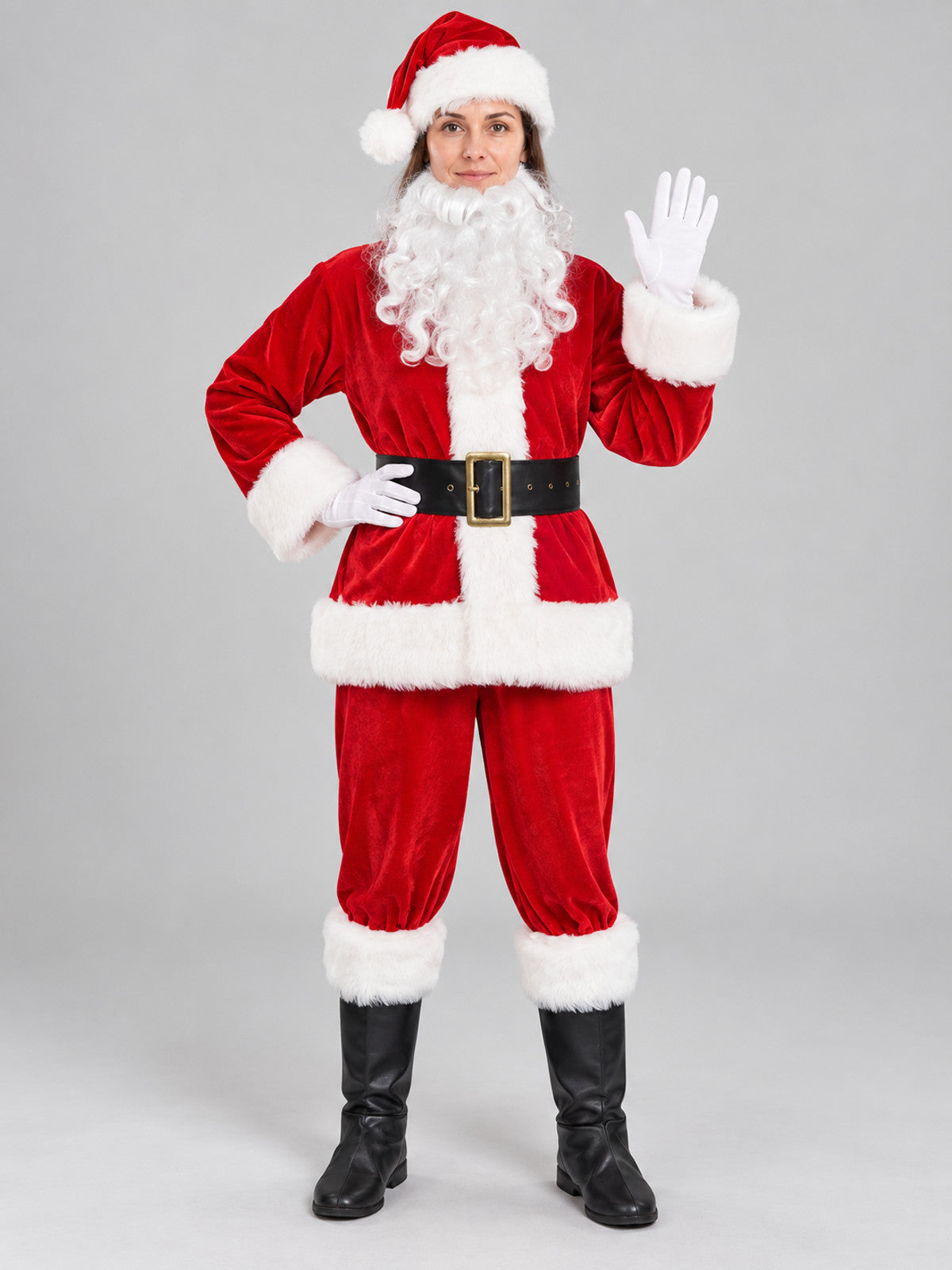 Red and White Santa Claus Costume with Beard on-model view
