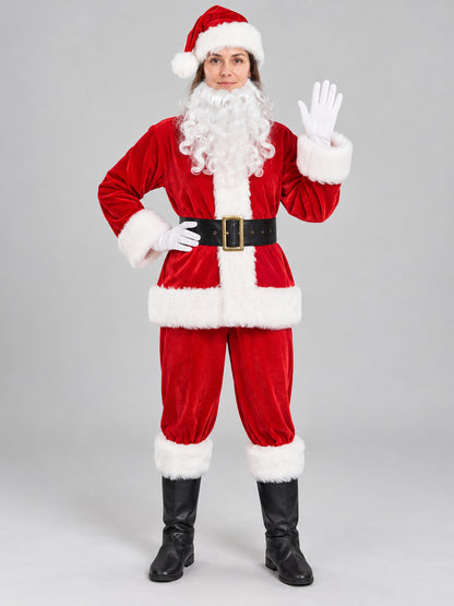 Red and White Santa Claus Costume with Beard on-model view