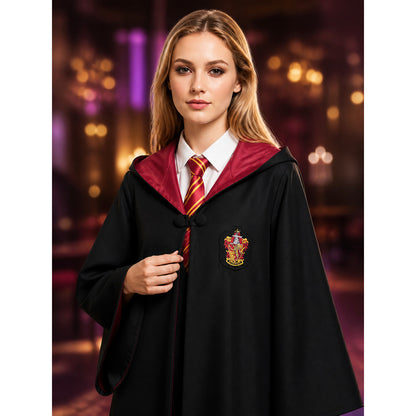 Wizard Hooded Robe Costume Set with House Badge and Striped Tie, Halloween on-model view