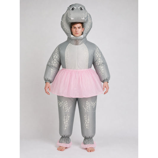 Model wearing the gray inflatable hippo costume with pink tulle tutu and pink-trimmed ankle cuffs, front view
