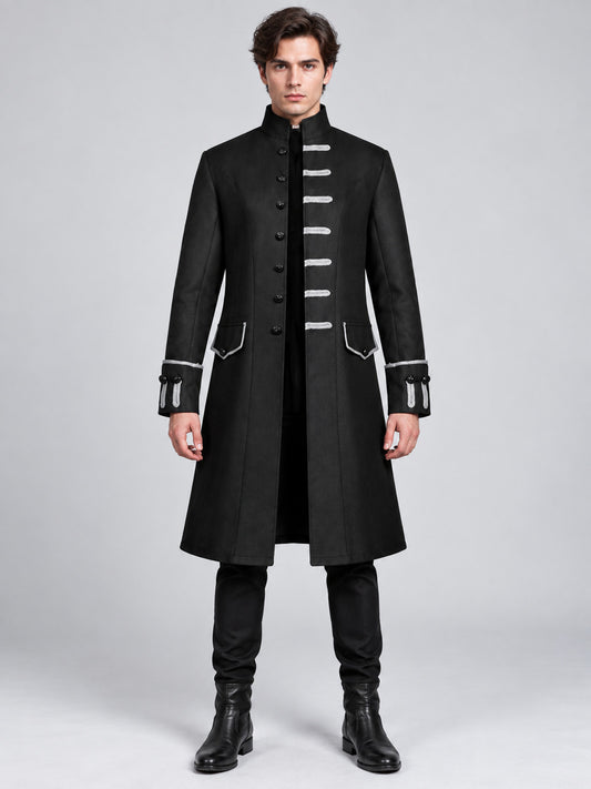 Long Black Frock Coat with Silver Trim
