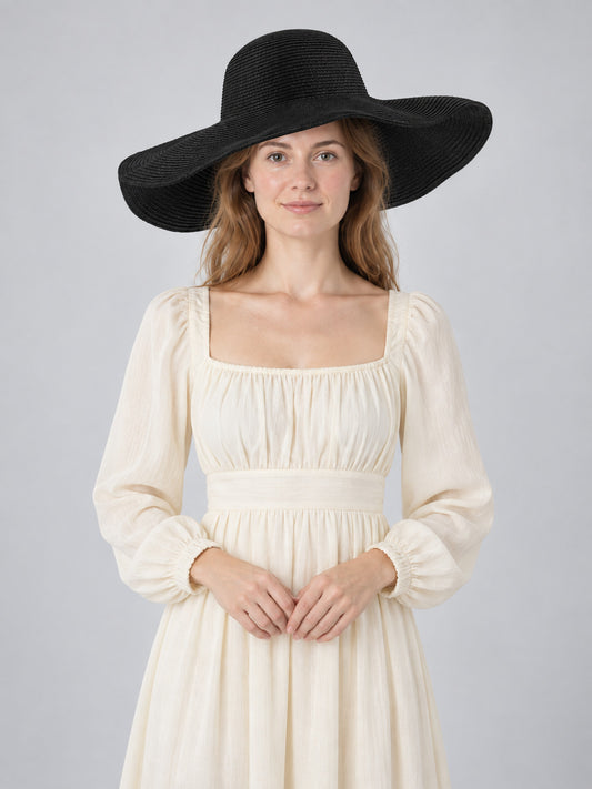 Wide-Brim Black Hat with Wavy Brim