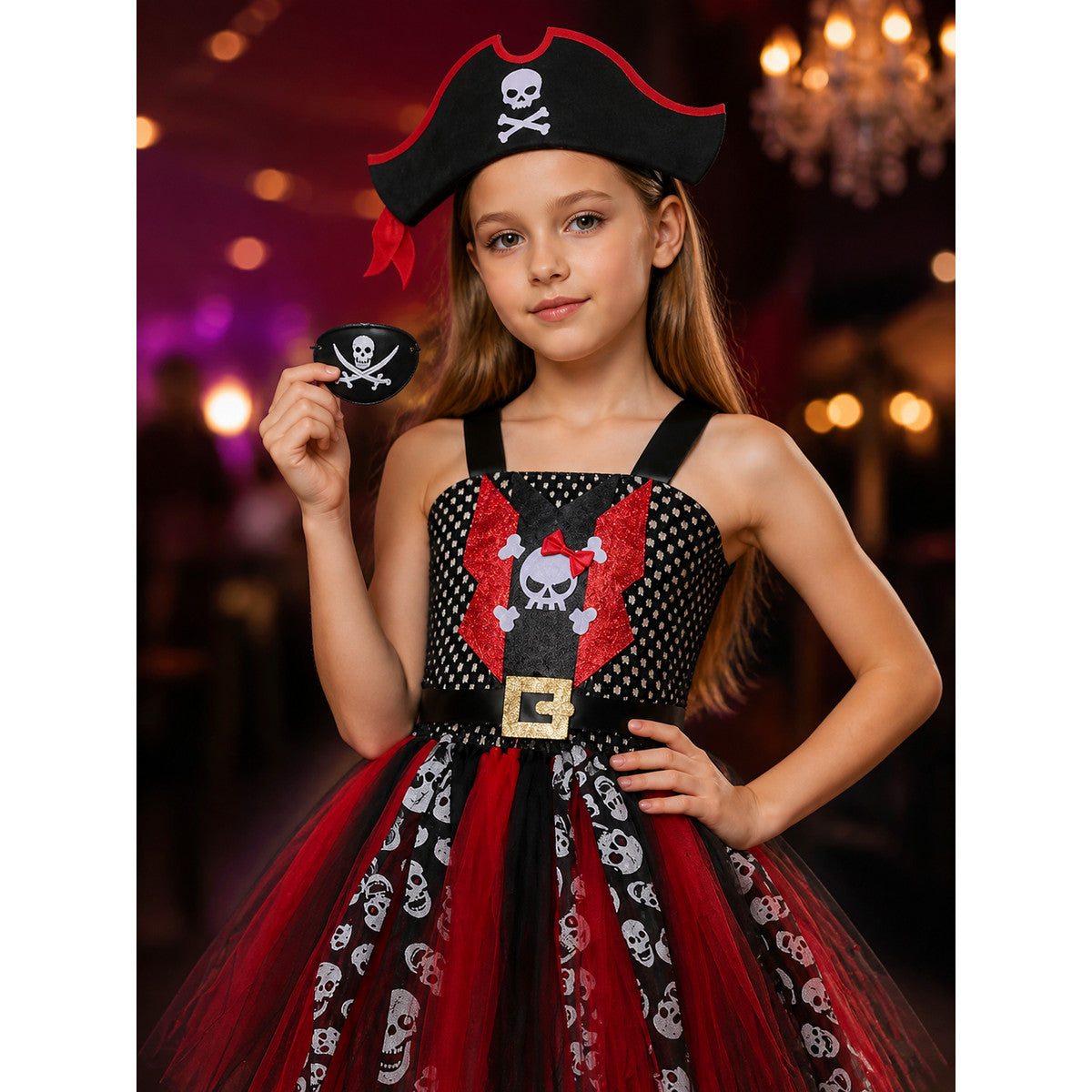 Kids Pirate Princess Dress Costume with Skull Pattern & Hat, Halloween Fancy on-model view