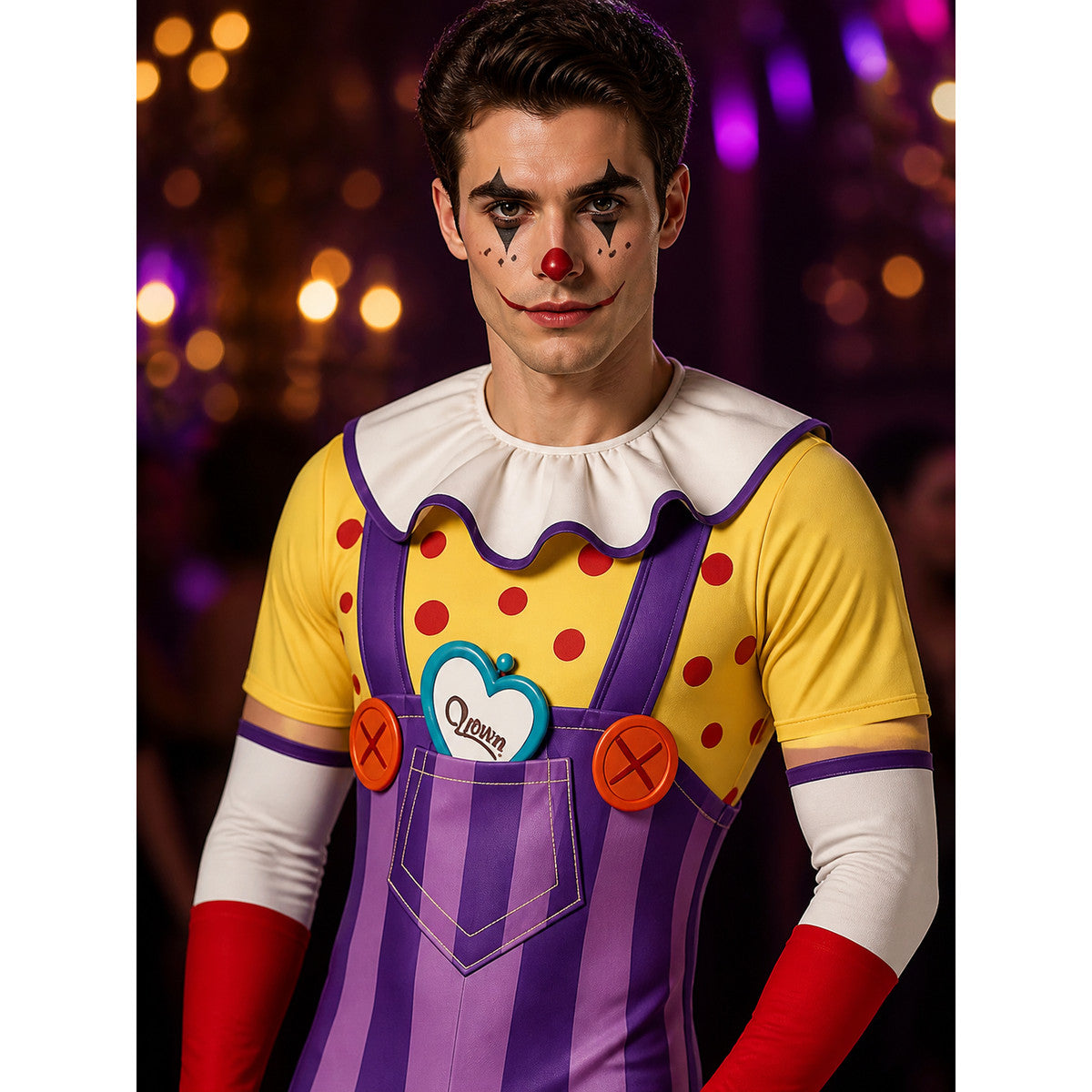Clown Jumpsuit Costume With Purple Striped Overalls & White Ruffled Collar on-model view