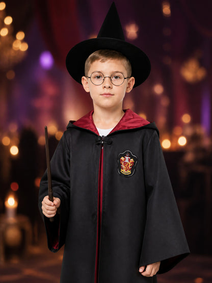 Kids Wizard Robe Costume Set, Hooded Black Cloak With Pointed Hat and Glasses on-model view