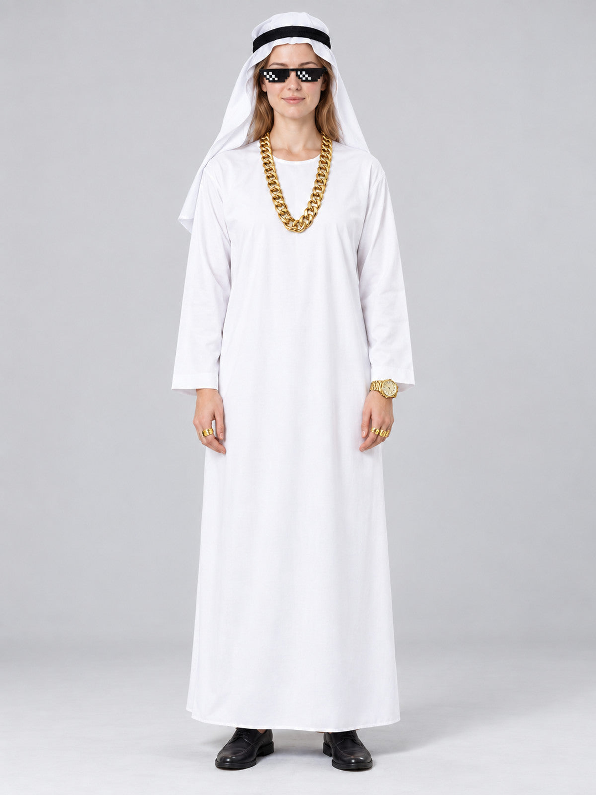 Traditional white shirt with headwear and glasses