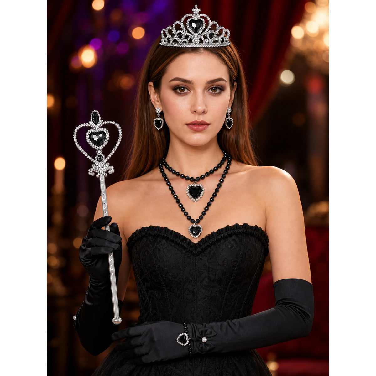 Girls Vampire Costume Accessories Set - Gothic Crown, Heart Wand & Gloves on-model view