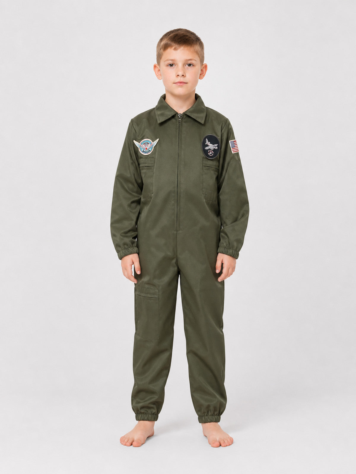 Flight jumpsuit with patches and accessories