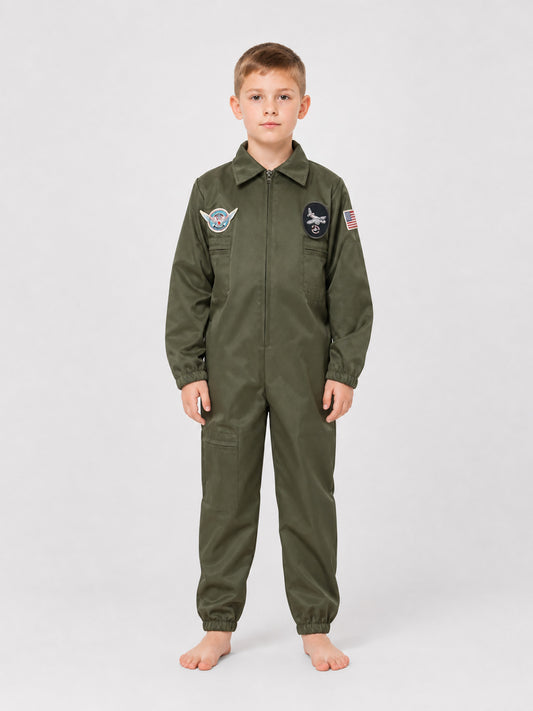 Flight jumpsuit with patches and accessories