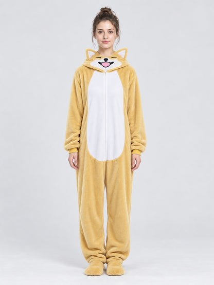 Yellow-Beige Hooded Pajama Jumpsuit with Ears
