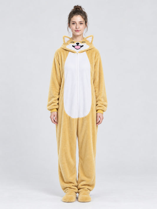 Yellow-Beige Hooded Pajama Jumpsuit with Ears