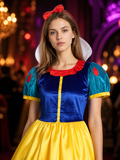 Women's Princess Cosplay Costume Dress, Blue & Yellow with Red Bow Headband and on-model view