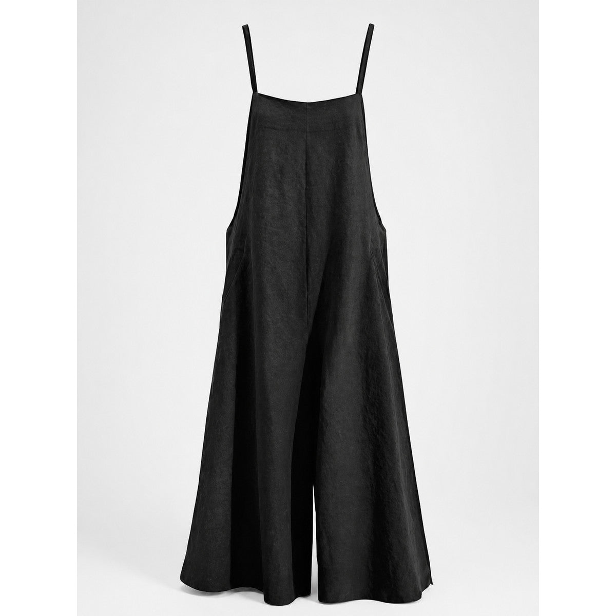Loose black bib overalls with thin shoulder straps. The design features a simple solid black color and a straight, wide-leg silhouette with long pant legs. The upper portion is styled as a bib, while the thin shoulder straps complement the 