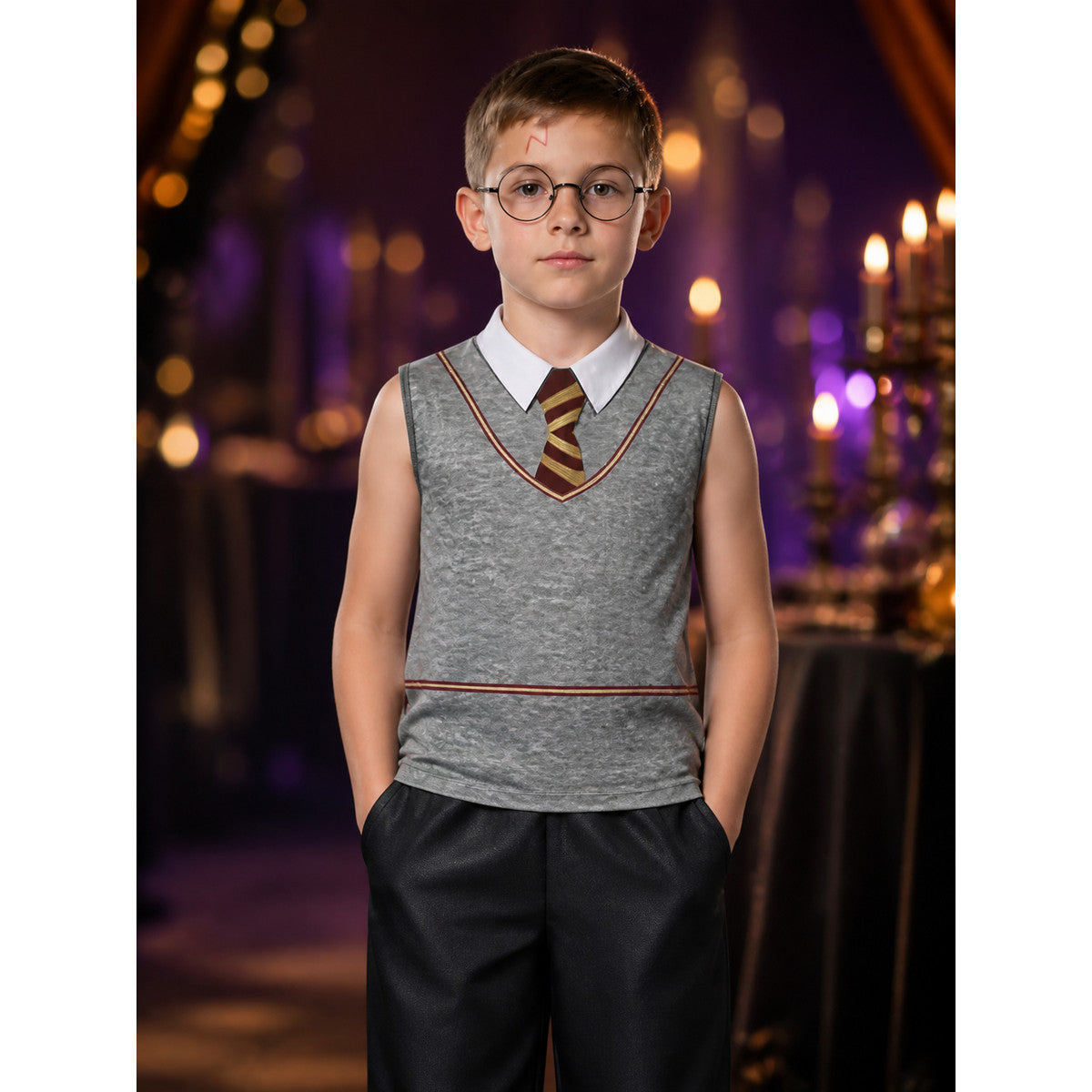 Children's Wizard Costume Set with Gray Sleeveless Top, Black Pants and Red-Gold