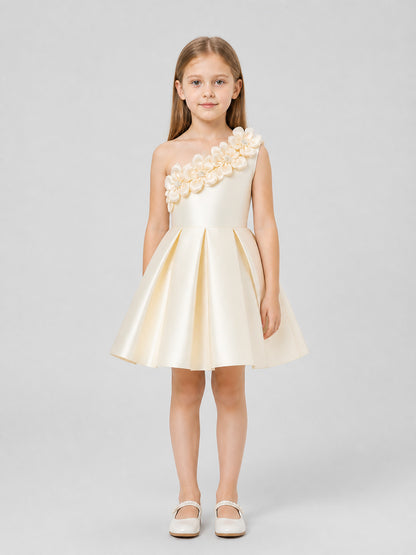 Champagne Children's Party Dress with a One-Shoulder Flower on-model view