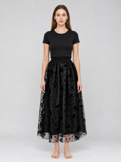 Women's Black Bat Print Tulle Midi Skirt, Halloween Mesh Skirt with Cats, Stars & Moons, Elastic Waist