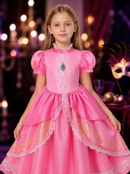 Kids' Pink Princess Costume Dress with Lace Trim, Puff Sleeves and Layered Skirt on-model view