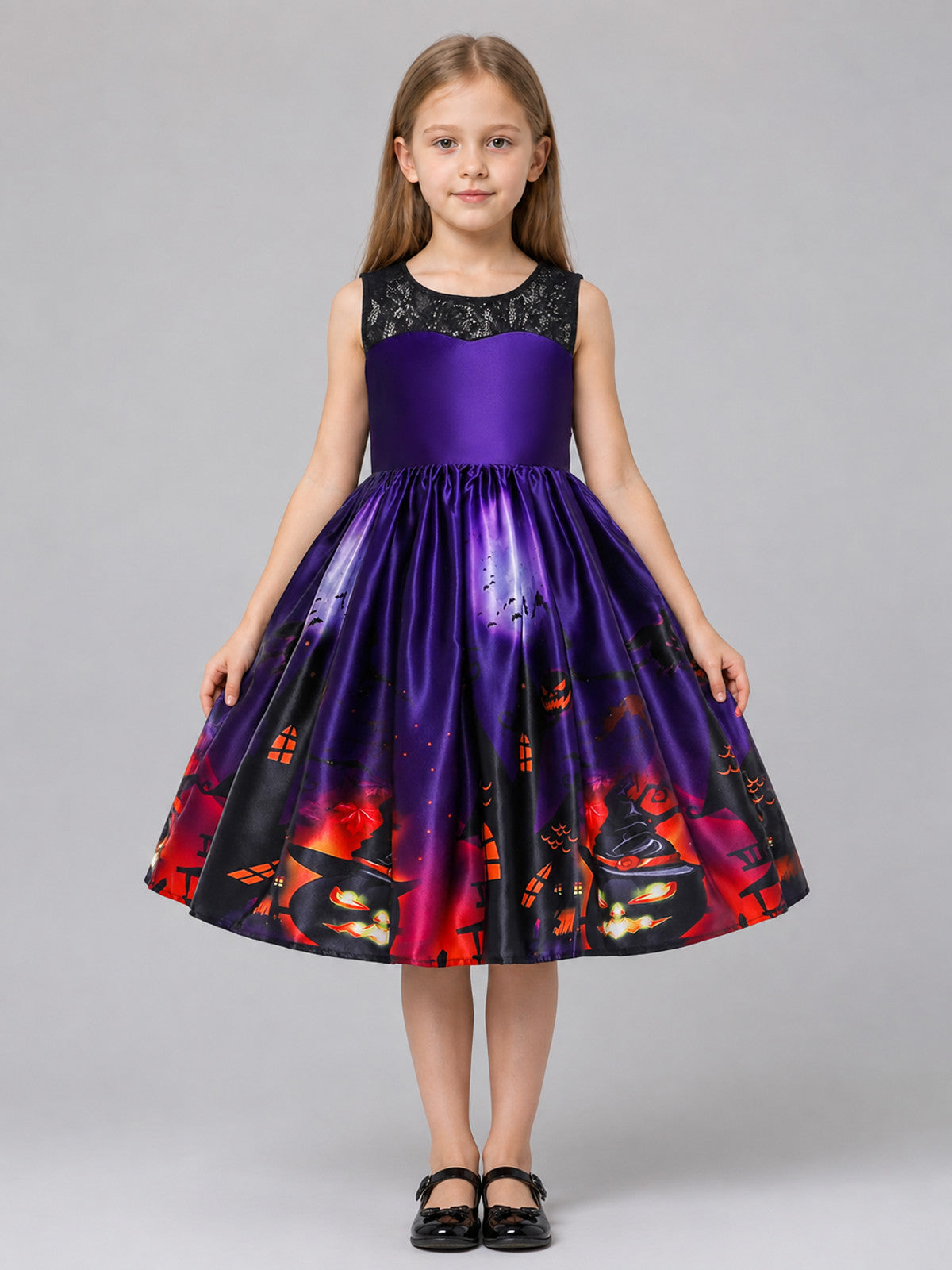 Children's Purple Halloween Costume Dress on-model view